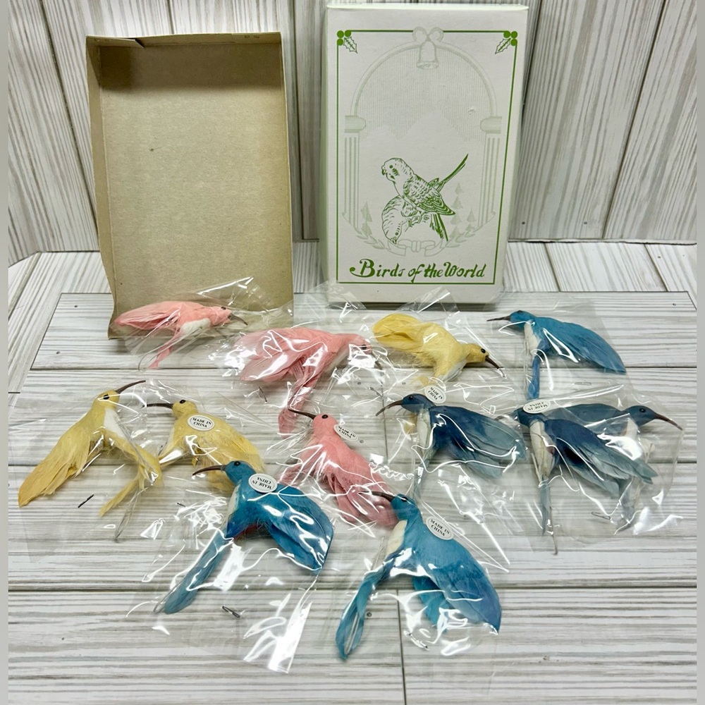Vintage Feathered Hummingbird Craft Lot Wired Ornament China 12 Piece Box New